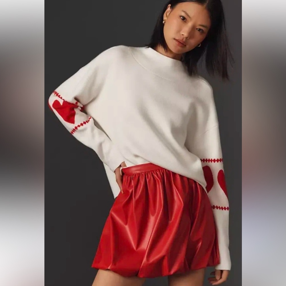 Anthropologie White Cowlneck Sweater with Red Heart Sleeve Detail